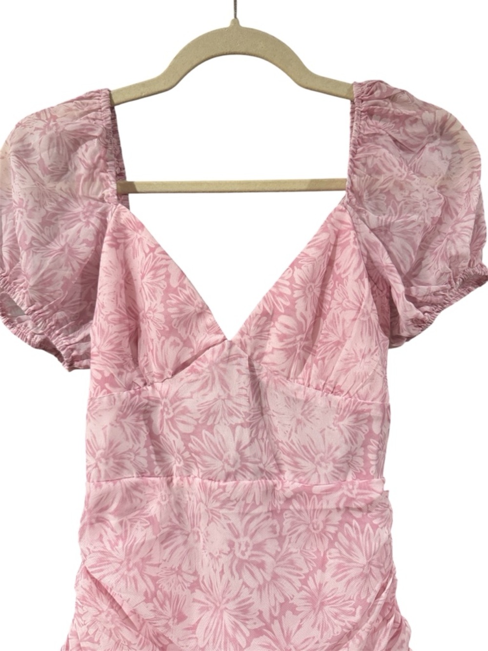 Hello Molly Pink Floral Mini Dress Puff Sleeve Ruffle Tie Front Cutout Size S - Picture 3 of 5